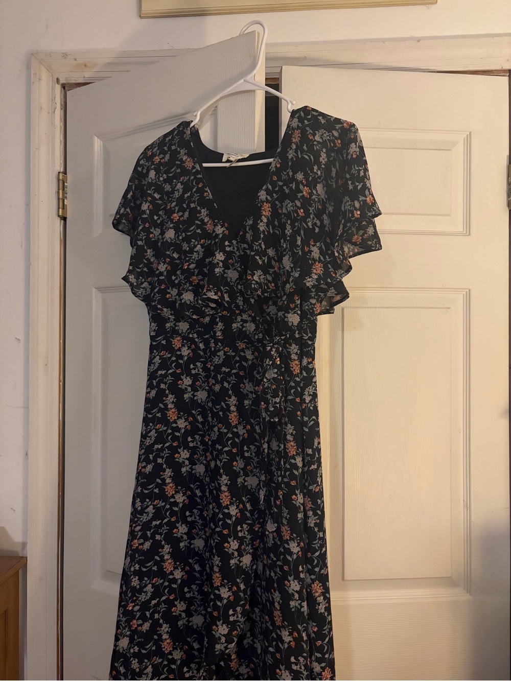 entro Black Floral Midi Wrap Dress with Flutter Sleeves